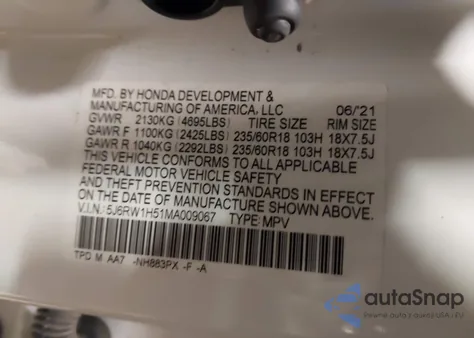 2021 Honda Cr-V 2Wd Ex from USA, damaged, VIN 5J6RW1H51MA009067